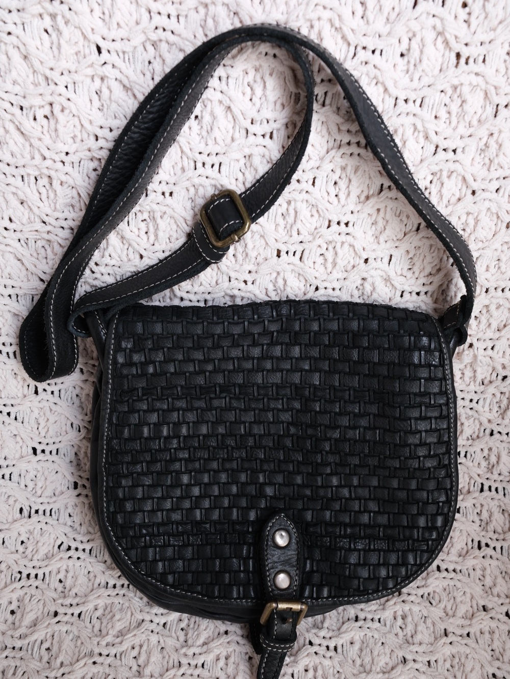 Italian Leather Woven Flap Crossbody Adjustable Slouchy Purse Bag